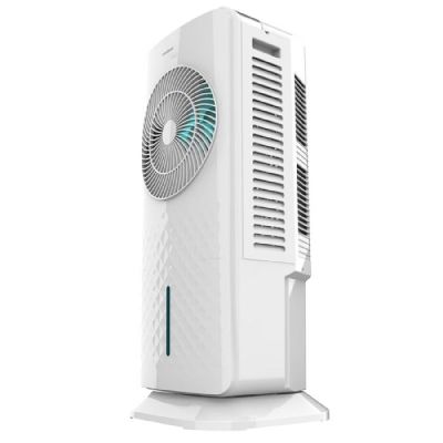 un climatiseur blanc posé sur un socle blanc