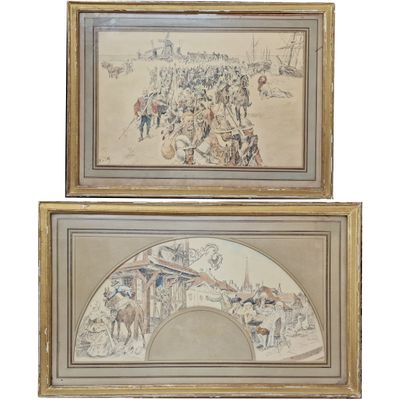 deux tableaux encadrés représentant des personnes à cheval et un homme à cheval