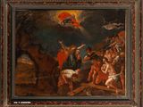 un tableau représentant un groupe de personnes rassemblées autour d'un homme sur une croix