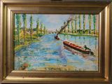 un tableau représentant un bateau descendant une rivière