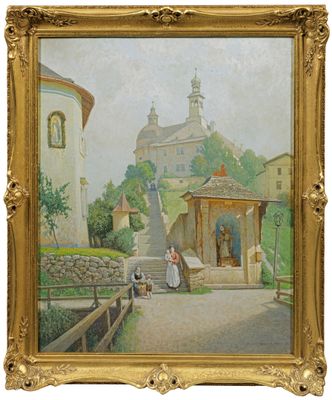 an image of a painting of a woman sitting on a bench in front of a church