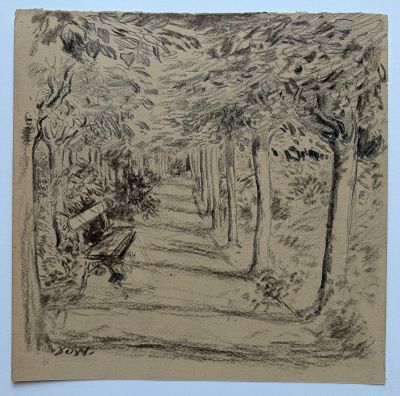 dessin au crayon représentant un banc de parc au milieu d'un espace boisé