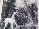 drawing of a unicorn in a field with trees in the background