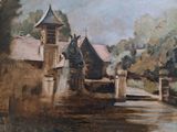 un tableau représentant une église au bord de l'eau, avec un clocher
