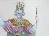 a painting of a man dressed in a crown and holding a staff