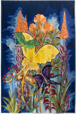 a painting of a yellow butterfly on a blue background with flowers