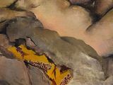 a painting of a man laying on a bed with his head on a pillow