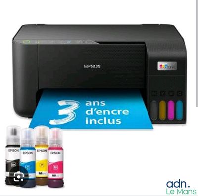 l'imprimante est posée à côté des cartouches d'encre et des flacons d'encre