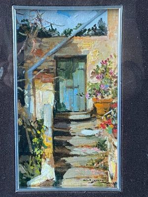 an oil painting of a doorway with flowers and potted plants