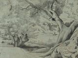 a drawing of a man and a woman sitting under a tree