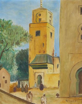 a painting of people walking down a street in front of a building