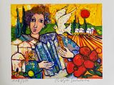un tableau représentant une femme tenant un livre entre ses mains