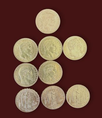 NEUF PIECES de 20 francs or Marianne (1) Napoléon III (3) Génie Ailé (
