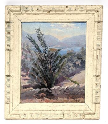 an oil painting of a tree in a white frame on a white wall