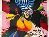 a painting of a clown with a snake and a snake on a pink background