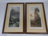 two framed pictures of trees and a river in a wood frame