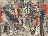 une image représentant une peinture d'une rue de la ville avec un train qui arrive sur les rails