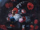 a painting of flowers in a vase on a table