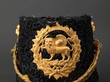a close up of a black hat with a gold lion on it