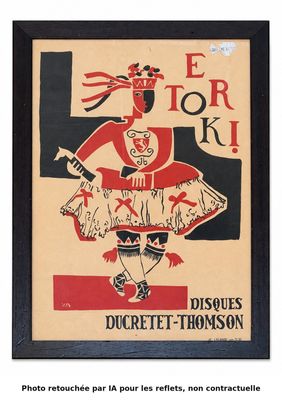 une vieille affiche représentant une femme vêtue d'une robe rouge et noire