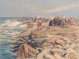 un tableau représentant un groupe de personnes sur une plage rocheuse