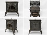 quatre vues différentes d'un poêle orné de quatre motifs différents