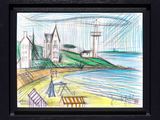 dessin représentant un phare sur une plage, avec des chaises et un banc