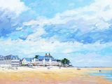 une peinture à l'huile représentant une scène de plage avec des maisons au bord de l'eau