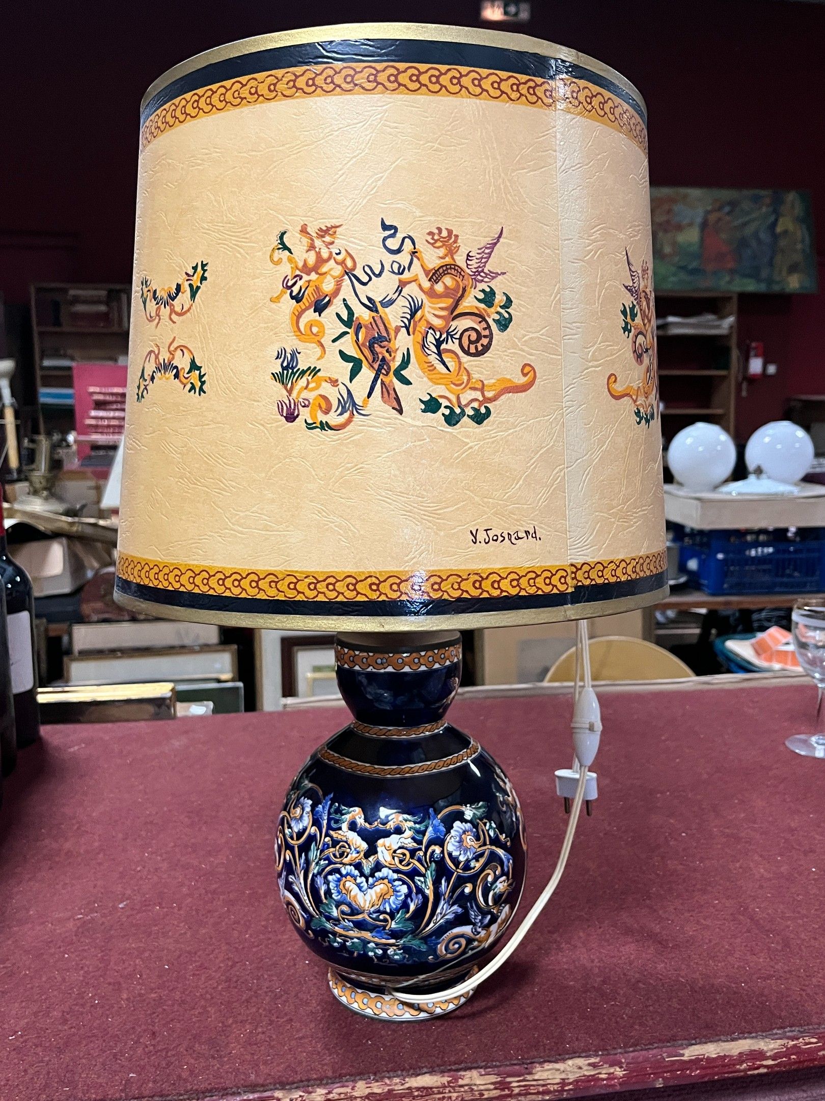 Lampe de salon en faïence imprimée de Gien, H : 55 cm