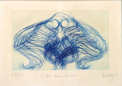 dessin à l'encre bleue représentant le visage d'une femme aux cheveux longs