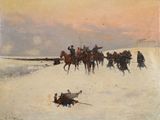 tableau représentant un groupe d'hommes à cheval dans la neige