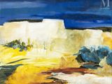 une peinture à l'huile représentant un paysage désertique sous un ciel bleu