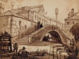a drawing of a boat going under a bridge