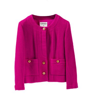 pink cardigan sweater with gold buttons and buttons on the front