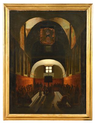 une image représentant un tableau d'une grande pièce où se trouvent des personnes