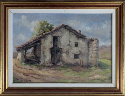 une peinture à l'huile représentant une grange dans un champ, avec un chemin de terre