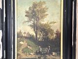 tableau représentant un paysage avec un homme et une femme sur une charrette tirée par des chevaux