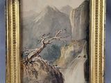 une image représentant une peinture d'un paysage de montagne avec un arbre au premier plan