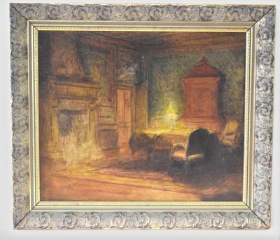 an image of a painting of a room with a bed and a fireplace