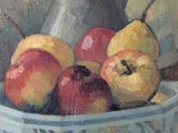 a painting of apples and pears in a bowl on a table