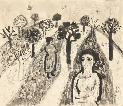 dessin représentant une femme dans un paysage avec des arbres et des personnages