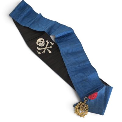 blue and black necktie with a skull and crossbone on it