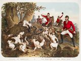 une image représentant un tableau où l'on voit un groupe d'hommes à cheval accompagnés de chiens