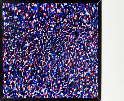a picture of a television screen with a lot of red, white and blue paint splattered on it