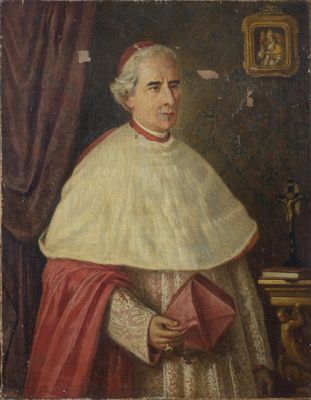 tableau représentant un homme vêtu d'une robe blanche et d'une cape rouge, tenant un livre rouge