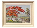 an oil painting of a red tree in the middle of a field