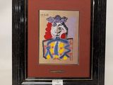 a painting of a dog with a clown hat on it ' s head