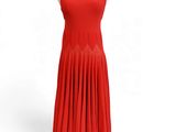 a red dress on a mannequin stand with a white background
