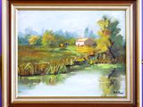an oil painting of a farm scene with a pond in the foreground