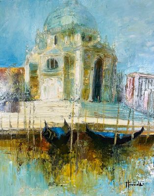 une peinture à l'huile représentant un bateau amarré devant un immeuble